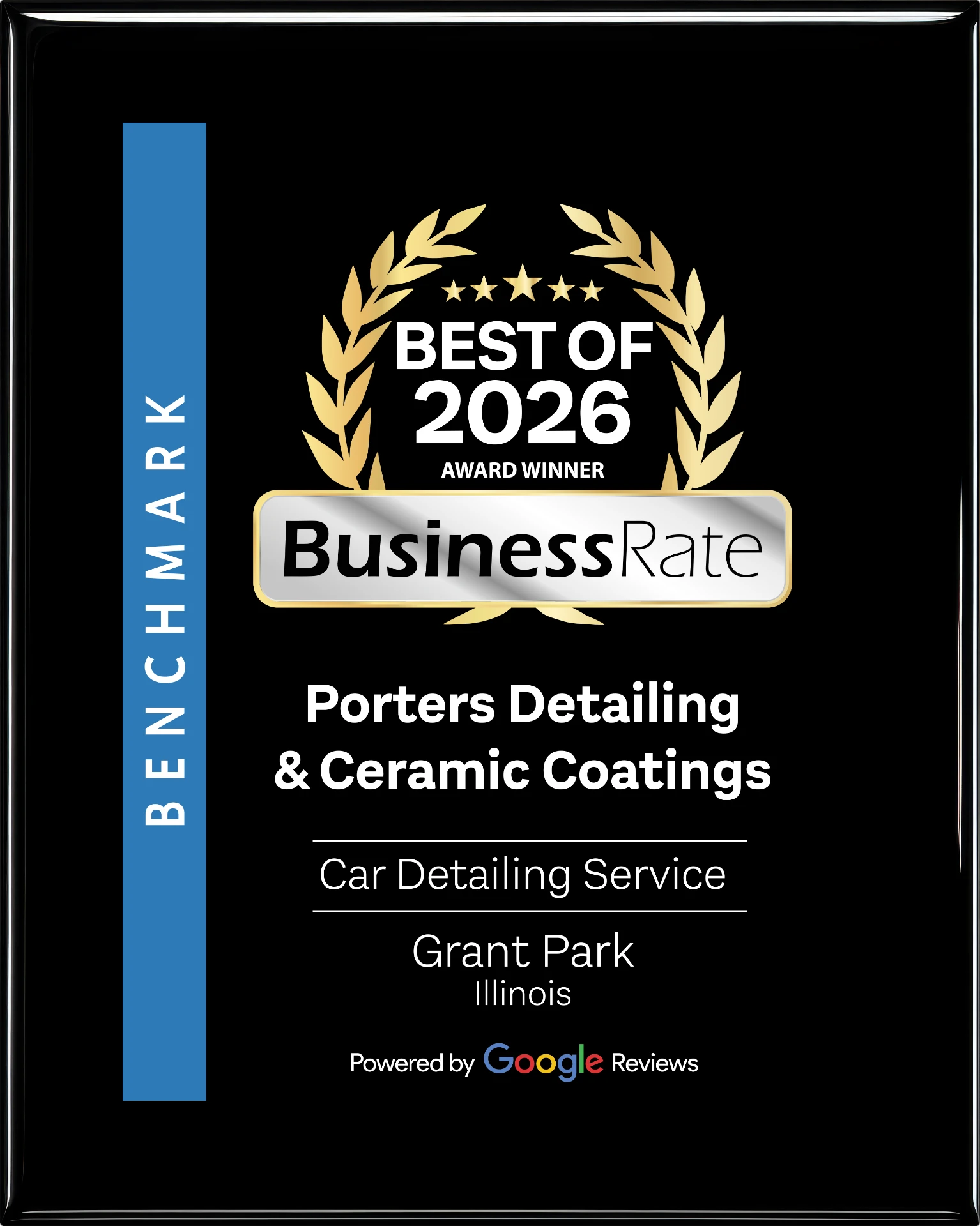 BusinessRate Best of 2026 award plaque for Porter’s Detailing & Ceramic Coatings