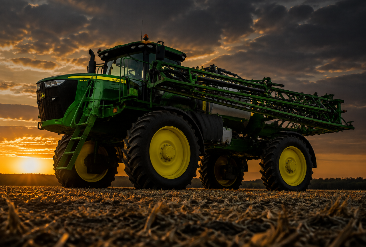 Self-propelled agricultural sprayer in a field at sunset