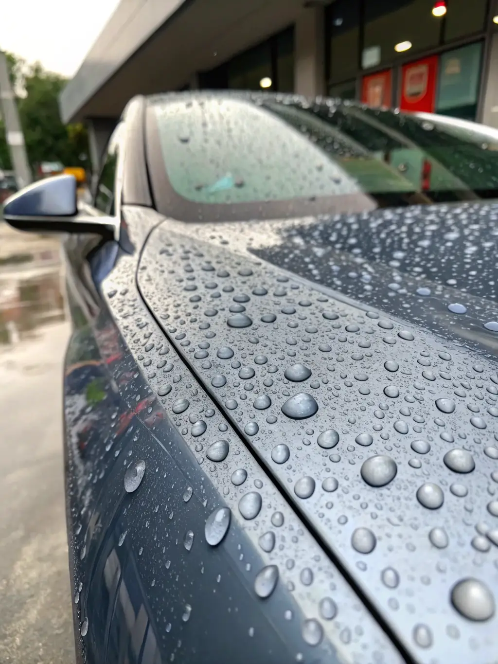 A professionally detailed car with a flawless ceramic coating, water beading perfectly on the surface, showcasing the hydrophobic effect and deep shine.