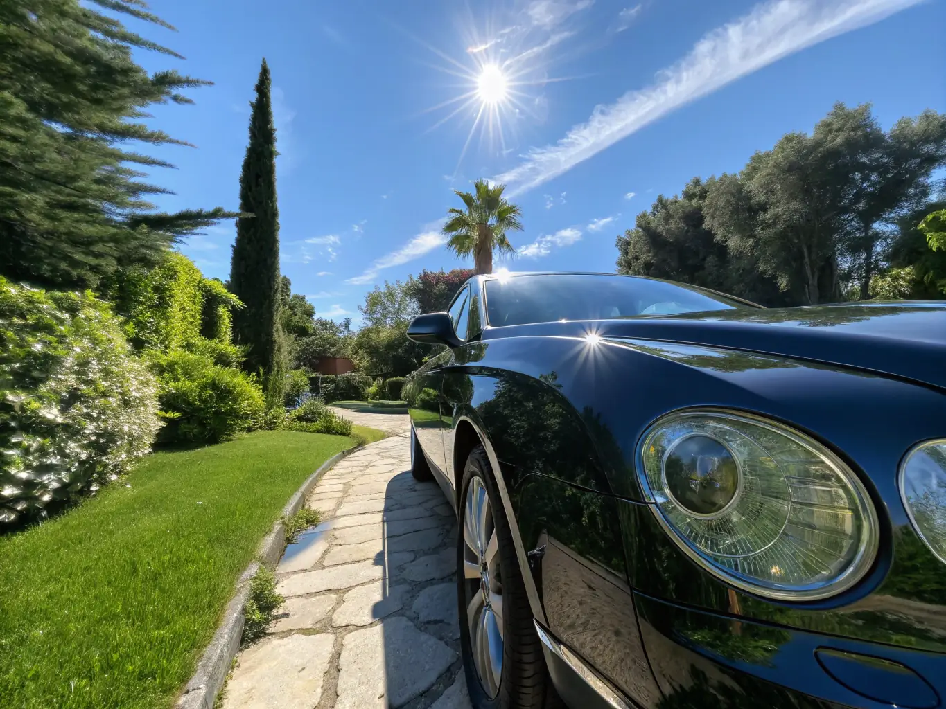 A scenic shot of a well-detailed car parked in front of a recognizable Manteno, IL landmark, emphasizing the pride and satisfaction of owning a beautifully maintained vehicle.