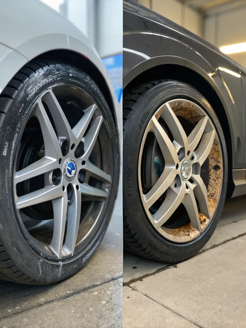 A before-and-after shot of a car's wheels and tires, demonstrating the transformative effect of professional wheel and tire detailing.
