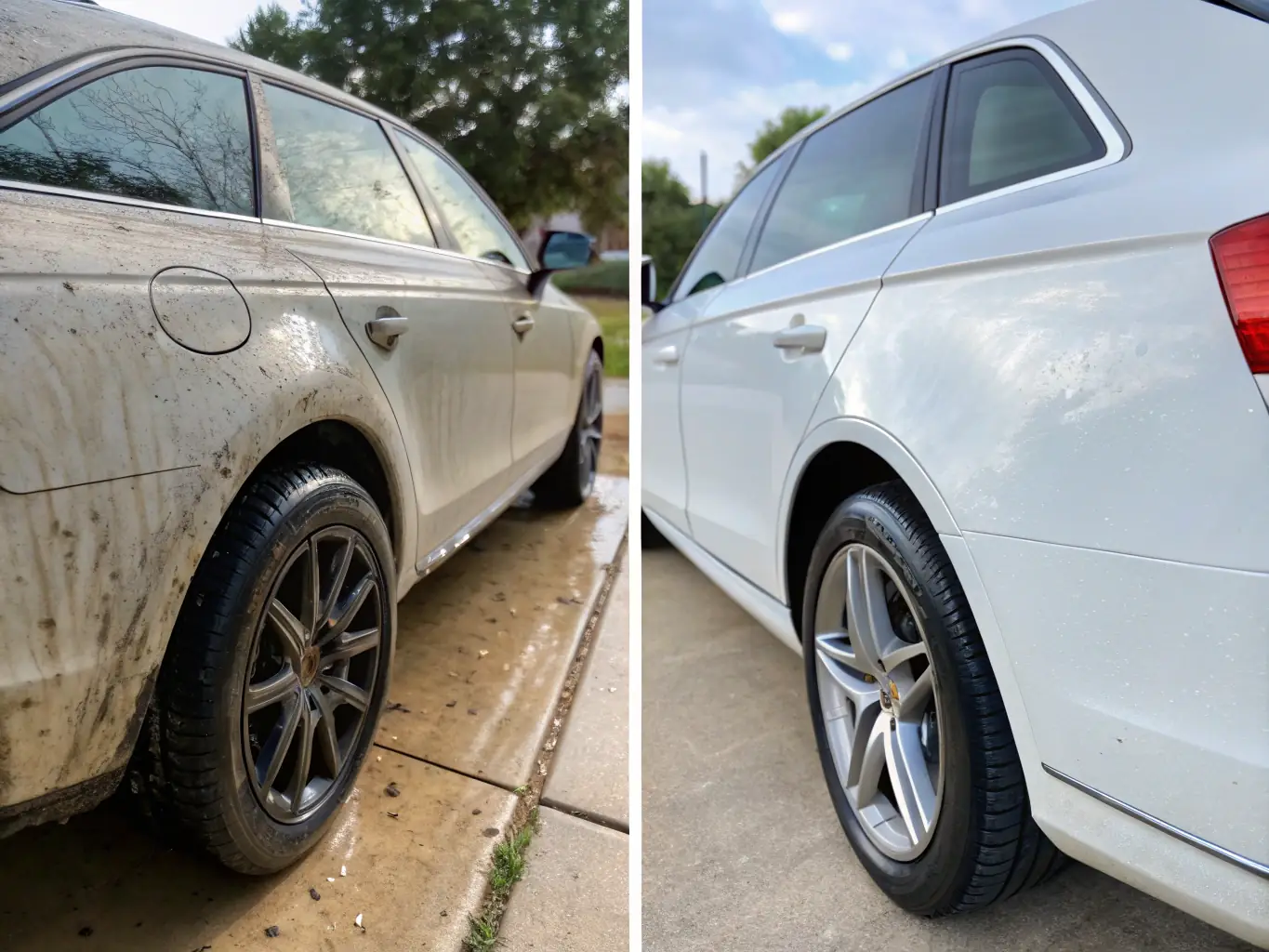 A before-and-after image demonstrating paint correction on a car panel. The 'before' side shows swirl marks and imperfections, while the 'after' side displays a flawless, swirl-free finish.