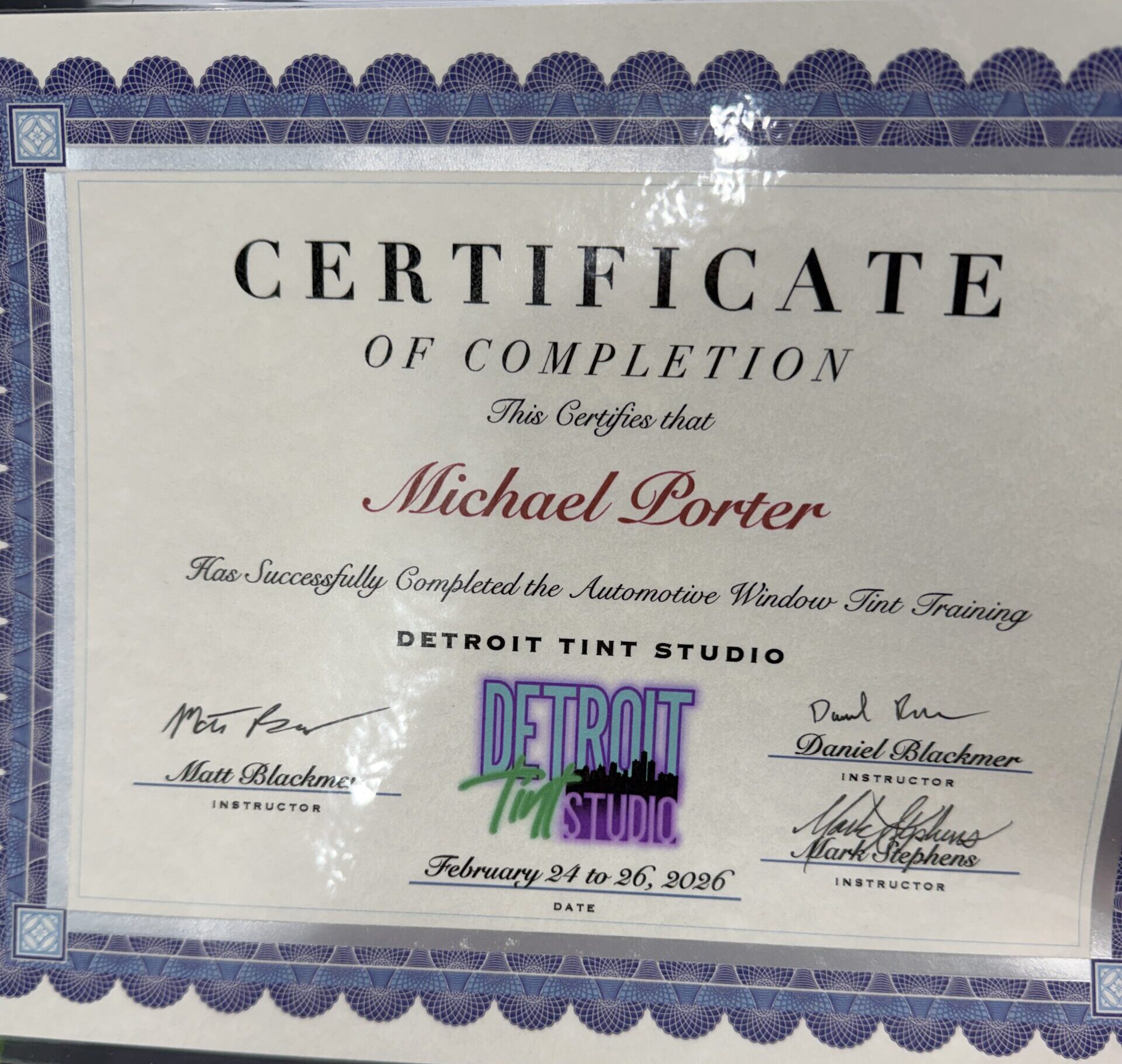 Certified window tint installer certificate - Porters Detailing Grant Park IL